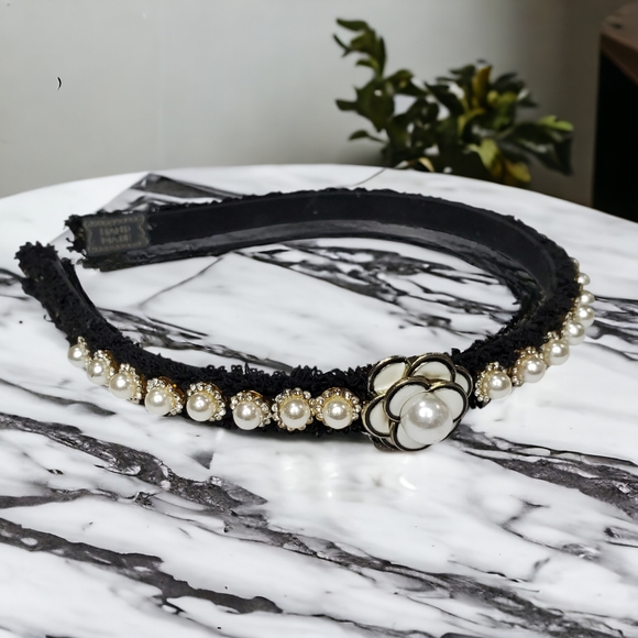 New Luxury Camellia Flower Tweed Fringe Pearl Headband
